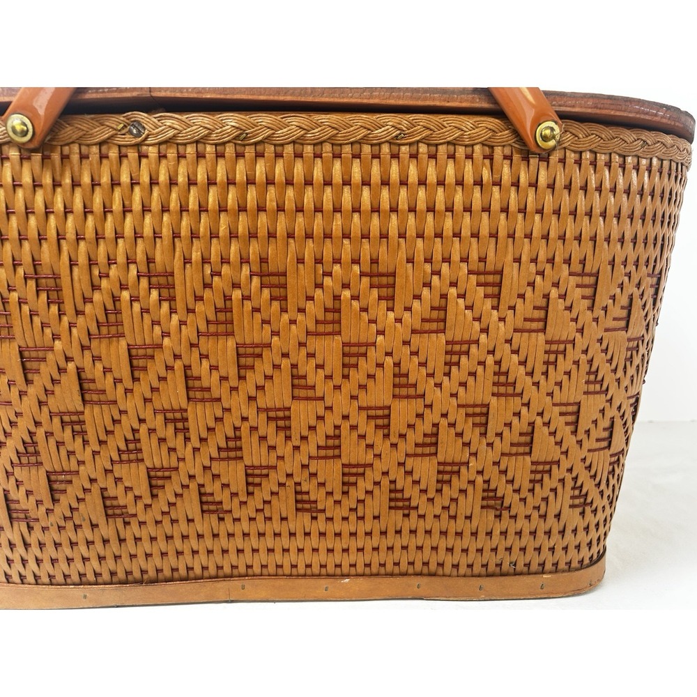 Vintage Redmon Woven Picnic Basket 22" Wood Lid & Handles Diamond Pattern - Picture 2 of 16